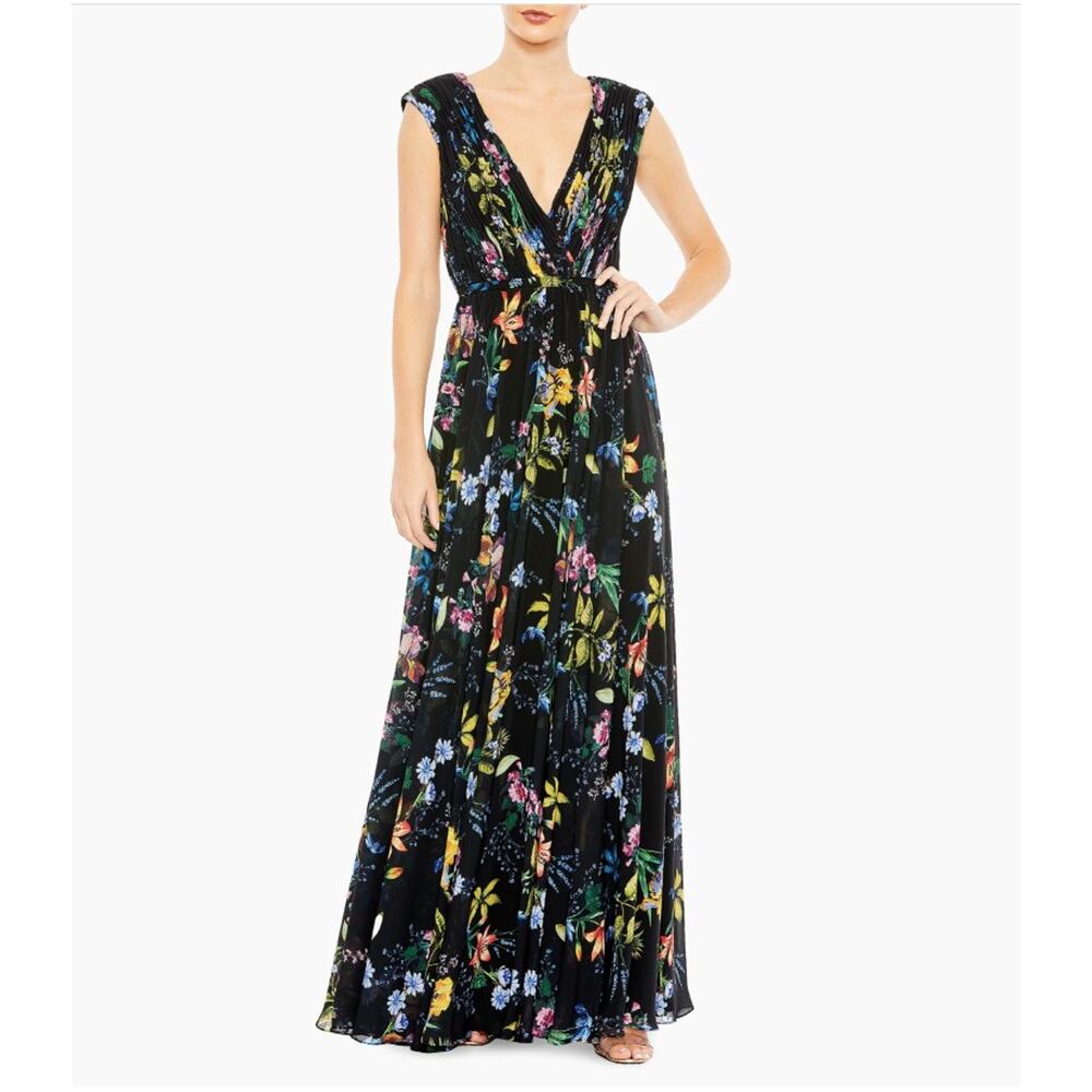 IEENA for MAC DUGGAL NWT Pleated Floral A-Line Black Gown, Size 10 - Picture 3 of 14